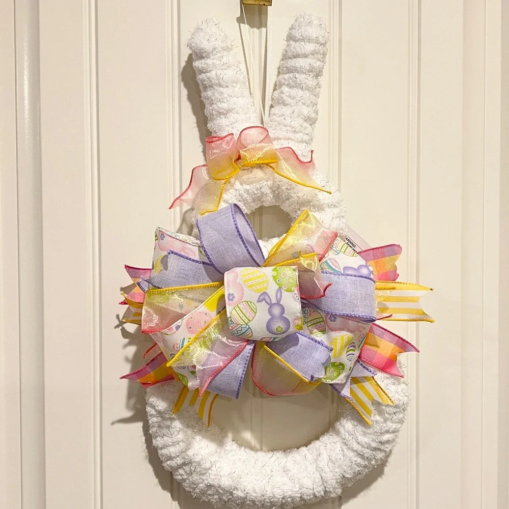 White Fluffy Yarn & Ribbon Bunny Wreath for Easter 19”L #3